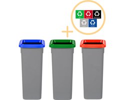 Plafor Fit Bin Prullenbak voor afvalscheiding - 20L – Set van 3, Blauw/Groen/Rood - Inclusief 5-delige Stickerset - Afvalbak voor gemakkelijk Afval Scheiden en Recycling - Afvalemmer - Vuilnisbak voor Huishouden, Keuken en Kantoor - Afvalbakken