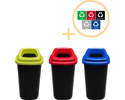 Plafor Sort Bin Prullenbak voor afvalscheiding - 28L – Set van 3, Blauw/Groen/Rood - Inclusief 5-delige Stickerset - Afvalbak voor gemakkelijk Afval Scheiden en Recycling - Afvalemmer - Vuilnisbak voor Huishouden, Keuken en Kantoor - Afvalbakken