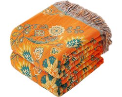 Plaid - Dekentje voor op de bank - Sprei - Kleedje - Reisdeken - Dubbelzijdig gebruik - Geschikt voor bedden, banken, slaapkamers of kantoren - 150 x 200 cm - Groen / Oranje