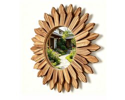 Plakspiegel - Boho Zonnespiegel – Decoratieve Houten Wandspiegel 30 cm – Sunburst Spiegel voor Woonkamer, Hal, Slaapkamer en Badkamer – Naturel