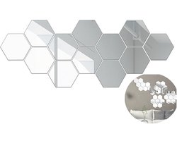Plakspiegel - Grote spiegel - 12 stuks - 184 x 160 x 92 mm - Hexagon wandplak spiegel - Spiegel Muurstickers - Plakspiegel groot - Woonkamer decoratie - Muurdecoratie - Spiegel decoratie - Home & Marker - Zilver