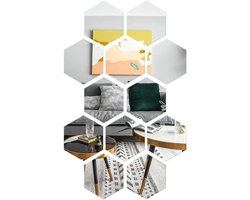 Plakspiegel - Middelgrote spiegel - 12 stuks - 126 x 110 x 63 mm - Hexagon wandplak spiegel - Spiegel Muurstickers - Wandspiegel - Woonkamer decoratie - Muurdecoratie - Spiegel decoratie - Zeshoek wand spiegel set - Home & Marker - Zilver