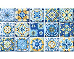 Plaktegels - Zelfklevende Tegels - 15x15 cm - Ulticool - Decoratie Sticker Tegels - Retro Blauw Servies Design - Meubelfolie Folie Keukenkast - 15 stuks - Plakfolie Tegelstickers Meubel stickers - Badkamer - Keuken