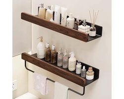 Planchet – Badkamerplank – Wandplank Badkamer – Premium Walnoothout & Aluminium – Compacte Wandrek voor Toiletartikelen & Cosmetica