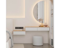 Planetmöbel AMYRA Slaapkamerset – Zwevend Nachtkastje 50 cm + Kaptafel 100 cm – Goud Eiken/Wit – Wandhangend