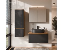 Planetmöbel ARISA - Badkamermeubelset 80 cm - Zwart Geribbeld - 4-delig - Met LED-spiegelkast ARIA
