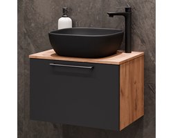 Planetmöbel ASTRA Badkamermeubel Set 60 cm – Goud Eiken / Antraciet – Zwarte Keramische Opzetwastafel – Soft-Close – Wandhangend