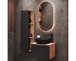 Planetmöbel Astra - Badkamermeubelset 60 cm - Gold eiken / Antraciet - 4-delig - Met zwarte wastafel en LED-spiegel