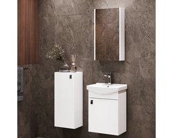 Planetmöbel Badkamermeubel Set 45 cm – Wit – Keramische Wastafel met Spiegelkast en Midikast 32 cm – Soft-Close