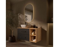 Planetmöbel LUX - Badkamermeubelset 100 cm - Goud eiken en antraciet - Met witte opzetwastafel - Met LED-spiegel