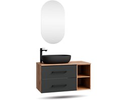 Planetmöbel LUX - Badkamermeubelset 100 cm - Goud eiken en antraciet - Met zwarte opzetwastafel 60 cm - Met LED-spiegel