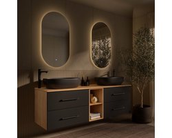 Planetmöbel LUX Badmeubel 170 cm 2x Wastafel 60 cm Zwart 2x LED Spiegel