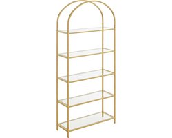 plank 5 niveaus boekenkast gehard glas staand rek opbergplank gebogen metalen structuur voor woonkamer, slaapkamer, studeerbadkamer, gouden kleur