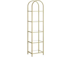 Plank, boekenkast 5 niveaus, staand rek van gehard glas, opbergplank, boogvormig, metalen structuur, voor woonkamer, slaapkamer, werkkamer, badkamer, metallic goud-transparant