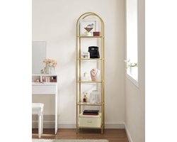 Plank, boekenkast 5 niveaus, staand rek van gehard glas, opbergplank, boogvormig, metalen structuur, voor woonkamer, slaapkamer, werkkamer, badkamer, metallic goud-transparant
