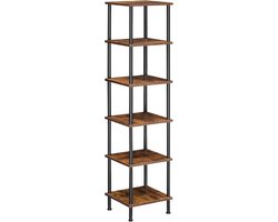 Plank, boekenkast met 6 niveaus, smal hoekrek, staand rek, industrieel rek, opbergrek, kantoorplank, open planken voor woonkamer, slaapkamer, balkon, keuken, vintage bruin