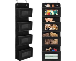 Planken om op te hangen, hangend rek aan de bovenkant van de deur, hangend rek met 4 grote vakken en 2 metalen haken, voor voorraadkast, babykamer, kinderkamer (zwart)