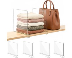 Plankverdeler - 4 Stuks - Plank Organizer - Acryl opbergrek - Truien organizer - Kledingkast Organizer - Handtassen - Boodschappentassen - Plank Verdeler - Kleding - Handdoeken - Houten planken - Kast Verdeler - 28x20x3cm - Transparant