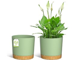 Plant Potten 16,5 cm - Moderne Plantenbakken met Afvoergaten en Schotel - Plastic Bloempotten - Huis Tuin Vensterbank - Groen - Set van 2