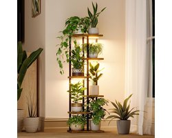 Plant Rack met Grow Light voor Binnen Planten - 6 Tier Metaal Plant Stand - Houten Bloemstandaard voor Woonkamer Decoratie en Patio Decoratie