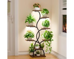 Plant Stand met Grow Light - 8 Niveaus Bloemenstandaard 124 cm Metaal Houten Plantenrek - Binnen en Buiten Bloemen Trap - Decoratieve Zwarte Bloemenrek voor Binnen Tuin Balkon Decoratie