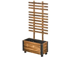 Plantenbak 65 × 31 × 147 cm donkerbruin hout plantenbak plantenrek bloembak met klimrek en 4 wielen verplaatsbaar met drainagegaten stabiel duurzaam voor balkon tuin terras en binnenplaats