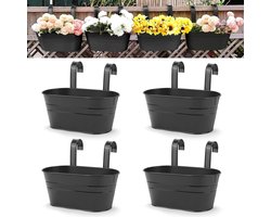 Plantenbak - Bak voor planten Grote hangende bloempotten - metalen ijzeren muur plantenbak - binnen buiten - reling hek balkon - woondecoratie - afneembare haken - zwart - set van 4 stuks