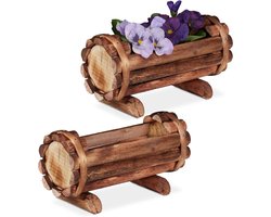 Plantenbak hout set van 2 halve vaten tuindecoratie buiten klein HBD: 11 x 20 x 9 cm balkon natuur - Relaxdays