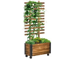 Plantenbak met Klimrek & 4 Wielen - Verhoogd Bloembak - Tuinrek - Tuinbed - Plantenrek - voor Bloemen, Fruit, Groenten & Kruiden - Behandeld Massief Hout - 65 x 31 x 147 cm - Zwart + Bruin