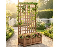 Plantenbak Met Klimrek 64 X 28 X 120 Cm Hout Natuurkleur Voor Buiten Verticale Tuin Met Rooster Achterwand En Ruimtebesparend Ontwerp