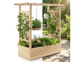Plantenbak met klimrek - Bloembak - Weerbestendig - Met trellis - Buiten - Hout - Plantenrek - Rechthoekig - Natuurlijk Hout