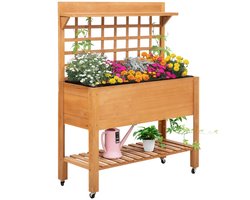 Plantenbak met Klimrek - Verhoogde Bloembak met Opbergplank & Wielen - Plantentafel - Bloementafel - Tuintafel - Tuinbed - Kweekbak - Moestuinbak - voor Buiten, Terras, Tuin & Balkon - voor Groenten, Bloemen & Kruiden - 105 x 40 x 135 cm - Bruin