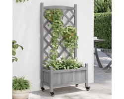Plantenbak met klimrek - Weerbestendig - Bloembak - Met trellis - Buiten - Hout - Met wieltjes - Plantenrek - Rechthoekig - 49 Liter - Grijs