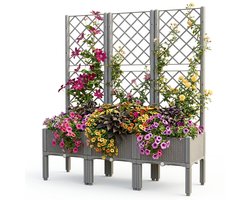 Plantenbak met klimrek - Weerbestendig - Bloembak - Met trellis - Buiten - Polypropyleen- 3 vakken - Plantenrek - Rechthoekig - Grijs