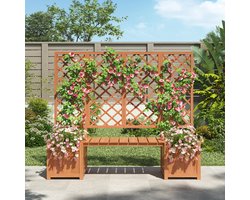 Plantenbak, plantenbak met spalier als klimhulp, bloembak met veel ruimte, bloembak plantenbak, bruin massief vurenhout, plantenbak met spalier en zit voor tuin binnenplaats terras