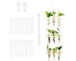 Plantenbak terrarium op houten standaard met 3 verdiepingen voor hydrocultuur planten - Tuin en kantoor decoratie met mini-reageerbuis/bloemenvazen