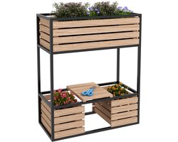 Plantenbak - Verhoogd Tuinbed - Bloembak - Bloemenstandaard - 3 Plantenbakken - Weerbestendig - Plantenbed - Kweekbak - Moestuinbak - voor Buiten, Terras, Tuin & Balkon - voor Groenten, Bloemen & Kruiden - 83 x 39 x 100 cm - Naturel + Zwart
