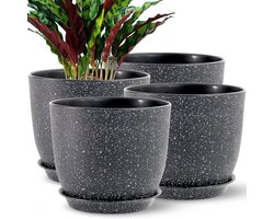 Plantenbakken voor tuinkamerplanten - Bloempotten voor binnen en buiten met dienbladen 20 cm - Tuinpotten voor kamerplanten zwart gespikkeld