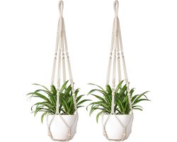 Plantenhangrek - 2-pack - Hangende plantenmand voor binnen - Met houten kralen - Plantenstandaard zonder kwastjes - 90 cm - Bevat 1 weerhaak en 1 dubbele haak - Geschikt voor binnen- en buitenhuisdecoratie (Bloempot niet inbegrepen) - wit - 90cm