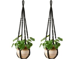 Plantenhangrek - 2-pack - Hangende plantenmand voor binnen - Met houten kralen - Plantenstandaard zonder kwastjes - 90 cm - Bevat 1 weerhaak en 1 dubbele haak - Geschikt voor binnen- en buitenhuisdecoratie (Bloempot niet inbegrepen) - zwart - 90cm
