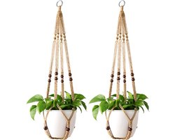 Plantenhangrek - 2-pack - Hangende plantenmand voor binnen - Met houten kralen - Plantenstandaard zonder kwastjes - 90 cm - Bevat 1 weerhaak en 1 dubbele haak - Geschikt voor binnen- en buitenhuisdecoratie (Bloempot niet inbegrepen) - bruin - 90cm