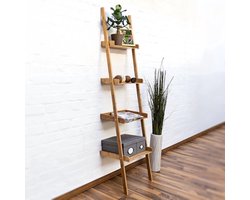 Plantenladder Bamboe 4 planken badkamer staand rek - Hout smal - HxBxD 176 x 44 x 37 cm - Natuurlijke kleur Plantenladder