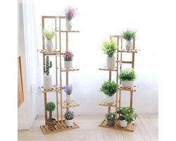 Plantenladder Bamboe 6 Potplanten Pothouder Stand Hoog 5 Lagen - Binnen Buiten Opslag Display Rek - Waterdichte Bloemenstandaard met Standplaats voor Bonsai Patio Tuin Plantenladder