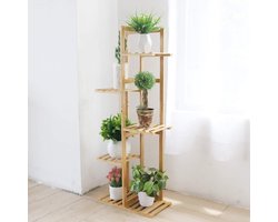 Plantenladder Bamboe 6 Potplanten Pothouder Stand Hoog 5 Lagen - Binnen Buiten Opslag Display Rek - Waterdichte Bloemenstandaard met Standplaats voor Bonsai Patio Tuin Plantenladder