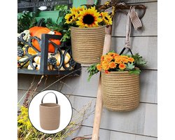 plantenmand2 Stukken Katoenen Touw Geweven Plantenmand, Hangende Geweven Wandmand Set met PU Handgrepen, Kleine Opbergmand Katoenen, voor Het Opbergen van Spullen in Slaapkamer, Kantoor, Keuken, Tuin, Terras,