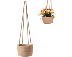 Plantenmandje van katoenen touw, hangende bloempotten, bloempotten opbergmand, hangend stro plantenbak, bloemhanger plantenophang, voor planten, binnen en buiten decoratie, 20 cm