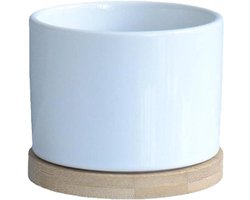 Plantenpot Keramiek - Bloempot Dienblad - Woondecoratie Planten - Met Houten Dienblad - 1200 Gram - Zuiver Wit