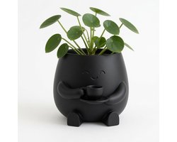 Plantenpot met Kopje Koffie – Schattige Bloempot met Gezicht – Decoratieve Bloempot voor Kamerplanten & Vetplanten – Zwart – 8,3 cm -3D print