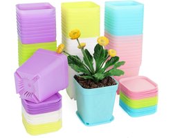 Plantenpot -plantenpotten voor binnen-kweekpot-30 stuks kleine plastic bloempotten 7 cm - vierkante plantenkweekpotten met schaal - zaailingpotten - kleurrijke plastic bloempotten voor tuin, kantoor en balkondecoratie - veelkleurig