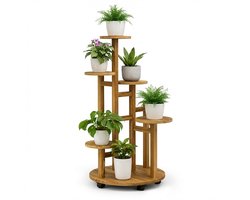 Plantenrek 6 Etages met Wielen – Houten Bloemenstandaard voor 7 Planten – Verrijdbaar & Ruimtebesparend